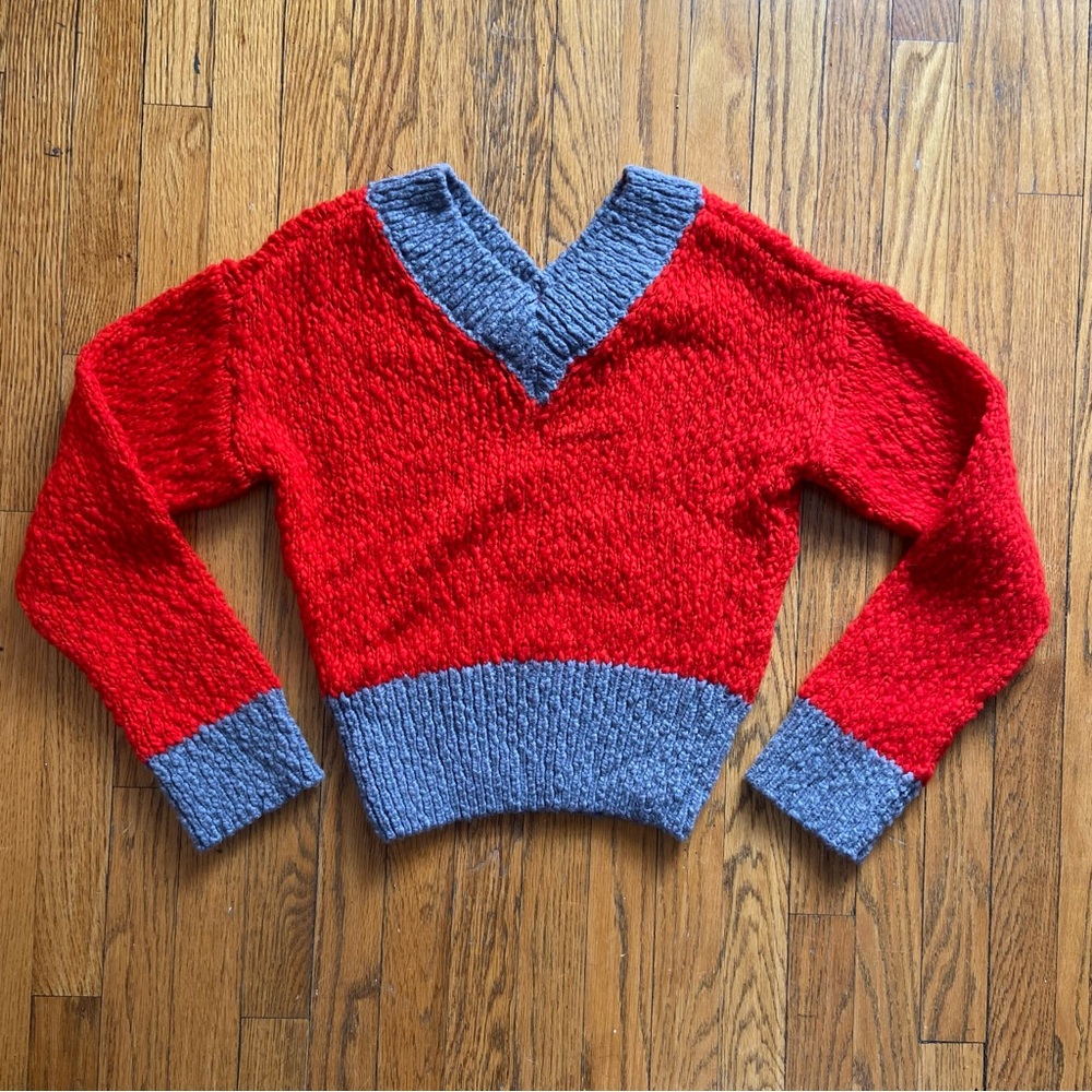 KOTN Red V-Neck Sweater with Gray Contrast Trim
